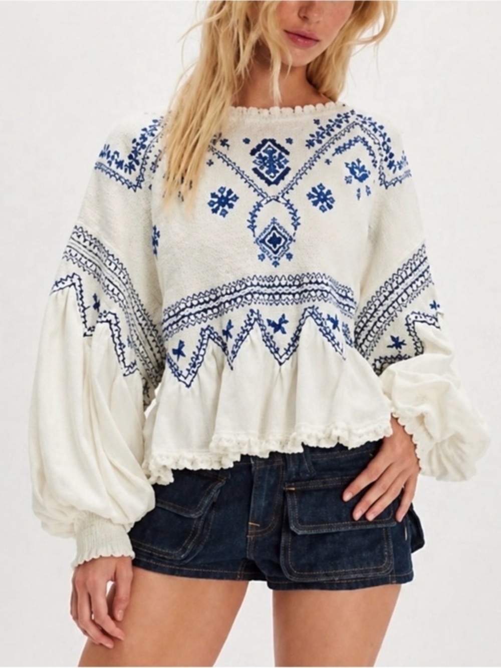 Free People Holly Smocked Embroidered Top Size M
